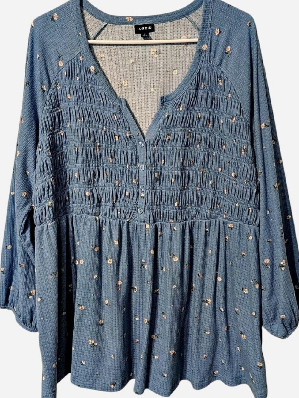Torrid Babydoll Blouse Light Blue Floral Long Sleeve Waffle Knit, Size 2X